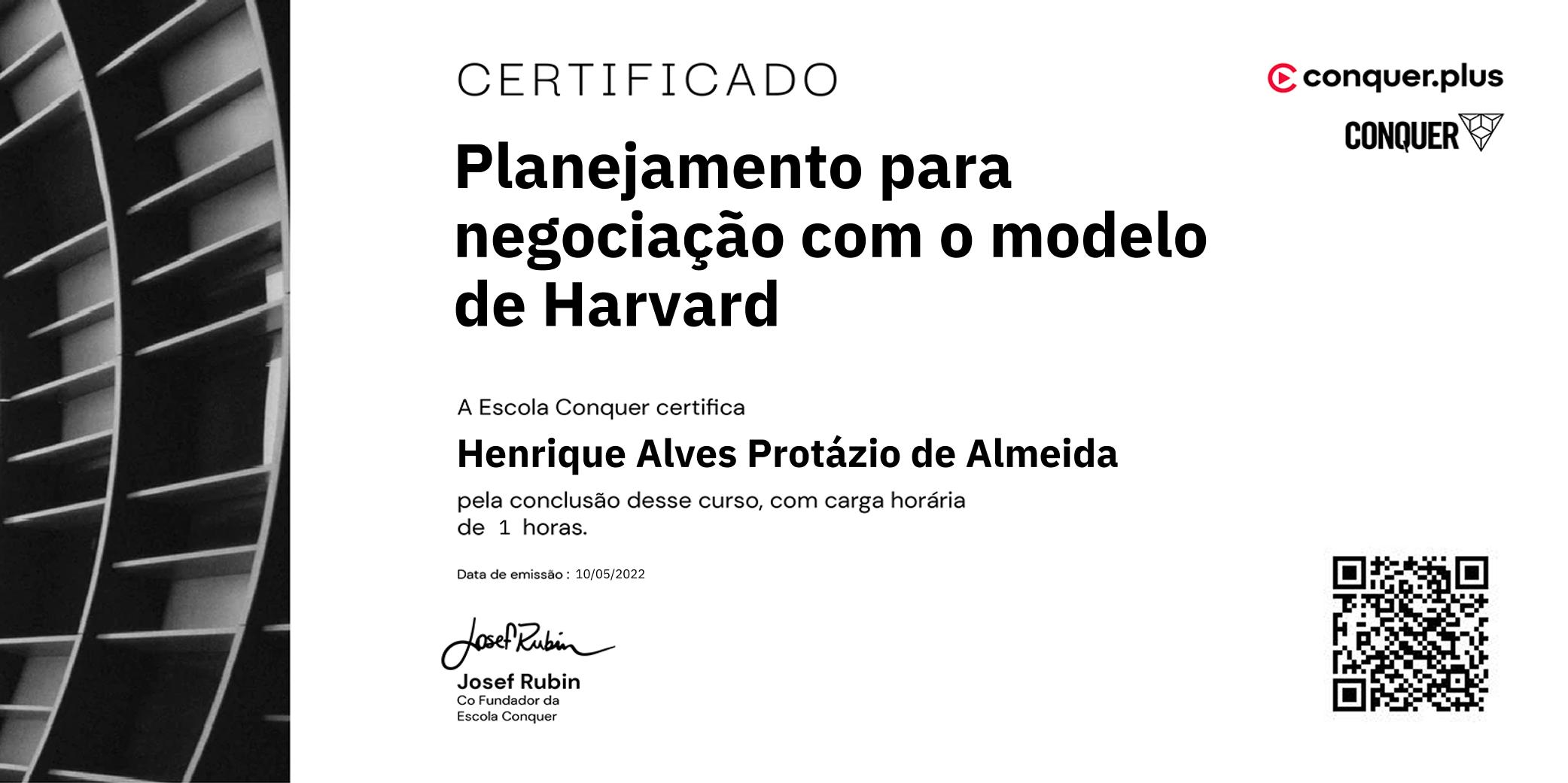 Certificado de Planejamento para negociação com o modelo de Harvard